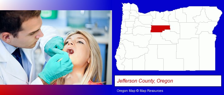 a dentist examining teeth; Jefferson County, Oregon highlighted in red on a map