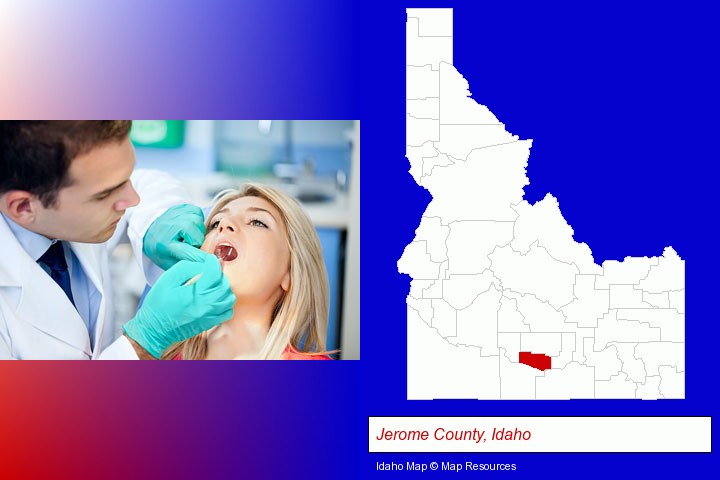 a dentist examining teeth; Jerome County, Idaho highlighted in red on a map