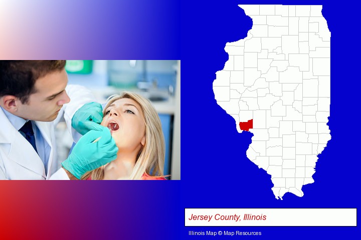 a dentist examining teeth; Jersey County, Illinois highlighted in red on a map