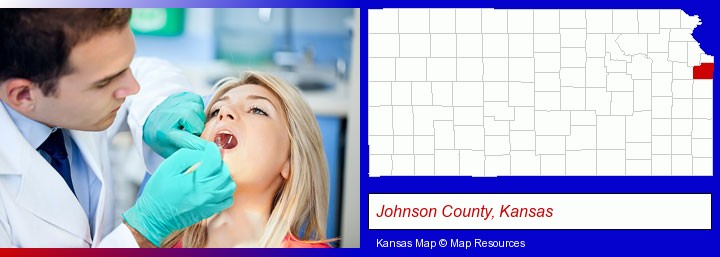 a dentist examining teeth; Johnson County, Kansas highlighted in red on a map