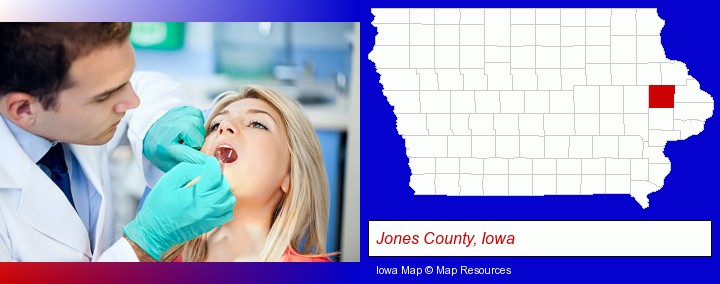 a dentist examining teeth; Jones County, Iowa highlighted in red on a map