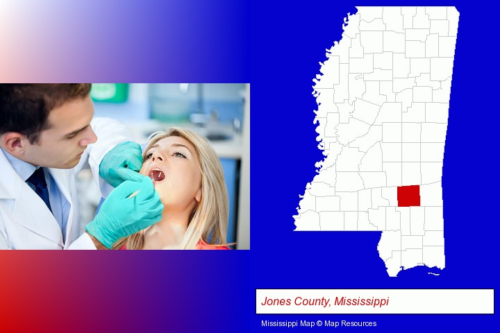 a dentist examining teeth; Jones County, Mississippi highlighted in red on a map