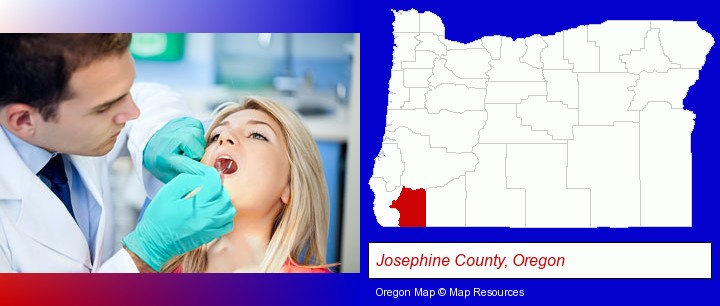 a dentist examining teeth; Josephine County, Oregon highlighted in red on a map