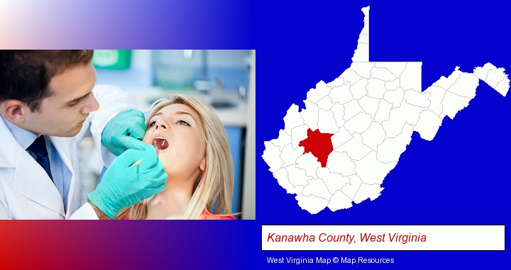 a dentist examining teeth; Kanawha County, West Virginia highlighted in red on a map