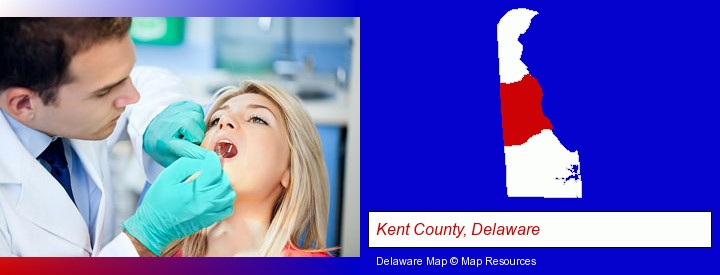 a dentist examining teeth; Kent County, Delaware highlighted in red on a map