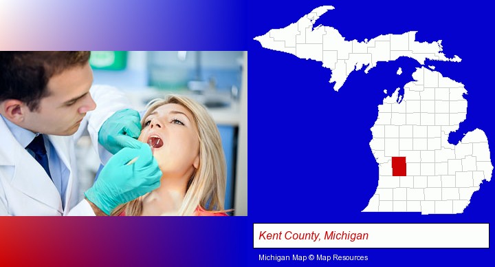 a dentist examining teeth; Kent County, Michigan highlighted in red on a map