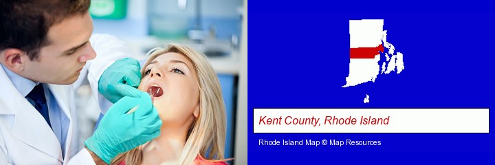 a dentist examining teeth; Kent County, Rhode Island highlighted in red on a map