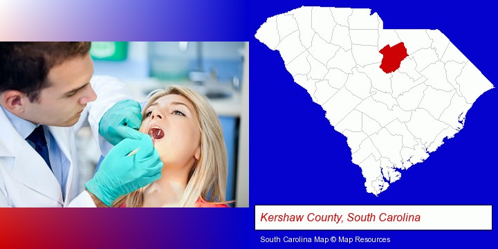 a dentist examining teeth; Kershaw County, South Carolina highlighted in red on a map
