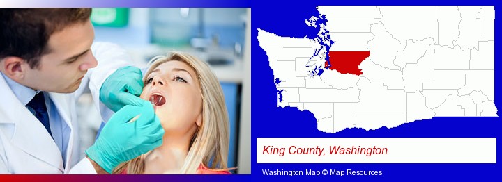 a dentist examining teeth; King County, Washington highlighted in red on a map