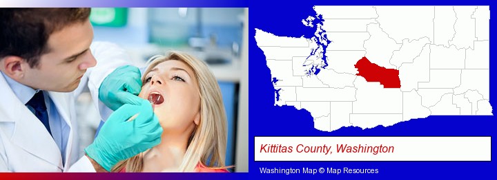 a dentist examining teeth; Kittitas County, Washington highlighted in red on a map
