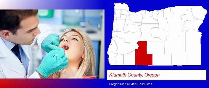a dentist examining teeth; Klamath County, Oregon highlighted in red on a map