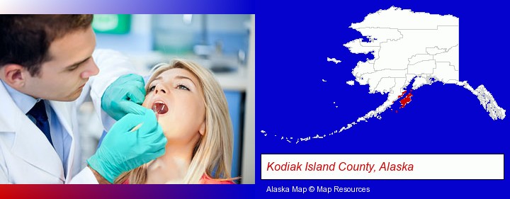 a dentist examining teeth; Kodiak Island County, Alaska highlighted in red on a map