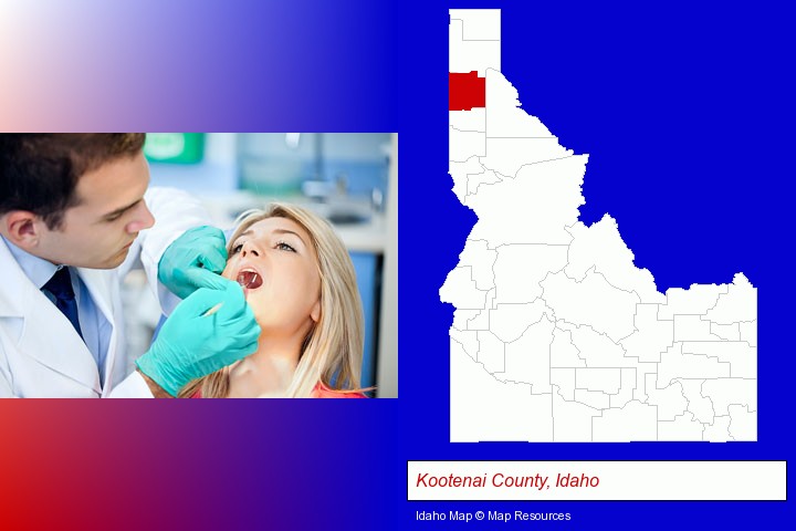 a dentist examining teeth; Kootenai County, Idaho highlighted in red on a map