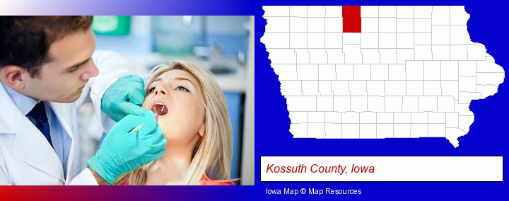 a dentist examining teeth; Kossuth County, Iowa highlighted in red on a map