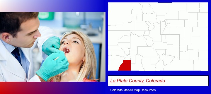 a dentist examining teeth; La Plata County, Colorado highlighted in red on a map