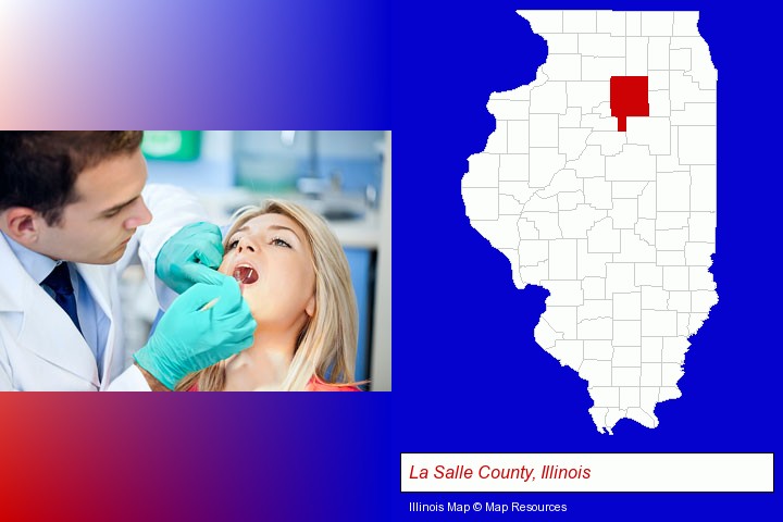 a dentist examining teeth; La Salle County, Illinois highlighted in red on a map