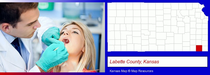a dentist examining teeth; Labette County, Kansas highlighted in red on a map
