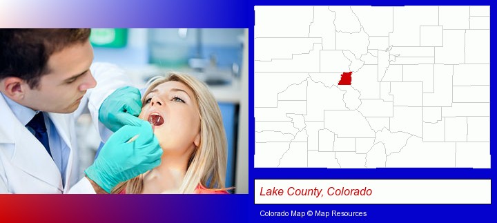 a dentist examining teeth; Lake County, Colorado highlighted in red on a map