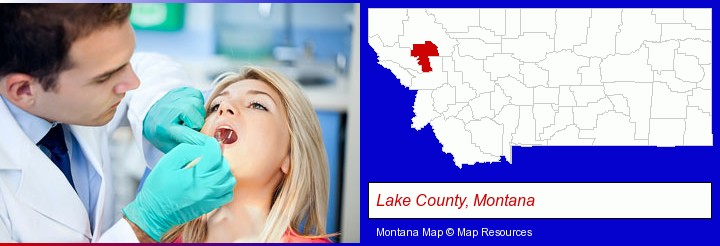 a dentist examining teeth; Lake County, Montana highlighted in red on a map