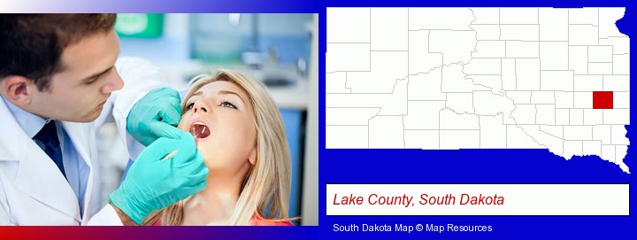 a dentist examining teeth; Lake County, South Dakota highlighted in red on a map