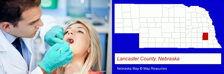 a dentist examining teeth; Lancaster County, Nebraska highlighted in red on a map
