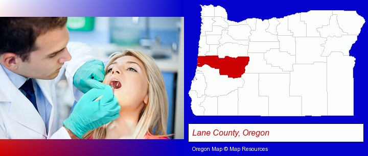 a dentist examining teeth; Lane County, Oregon highlighted in red on a map