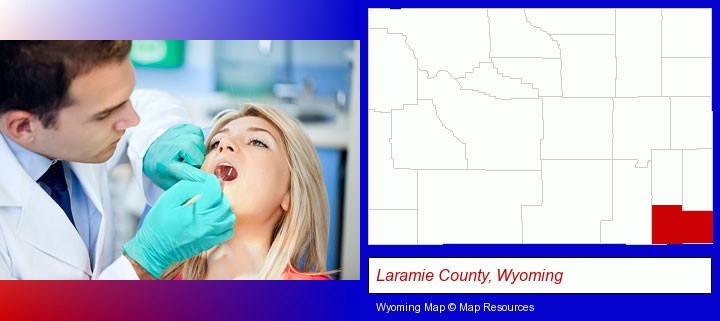 a dentist examining teeth; Laramie County, Wyoming highlighted in red on a map