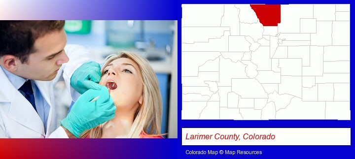 a dentist examining teeth; Larimer County, Colorado highlighted in red on a map