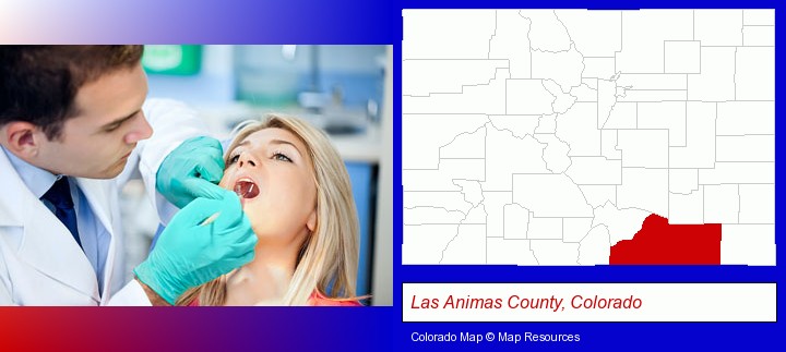 a dentist examining teeth; Las Animas County, Colorado highlighted in red on a map