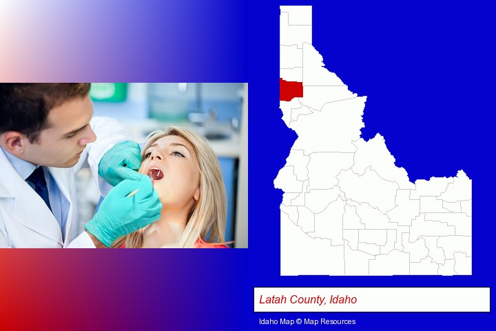 a dentist examining teeth; Latah County, Idaho highlighted in red on a map