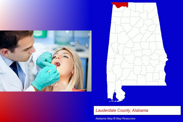 a dentist examining teeth; Lauderdale County, Alabama highlighted in red on a map