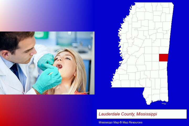 a dentist examining teeth; Lauderdale County, Mississippi highlighted in red on a map