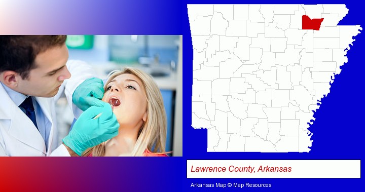 a dentist examining teeth; Lawrence County, Arkansas highlighted in red on a map