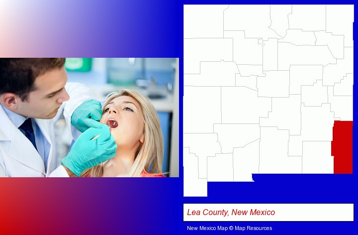 a dentist examining teeth; Lea County, New Mexico highlighted in red on a map