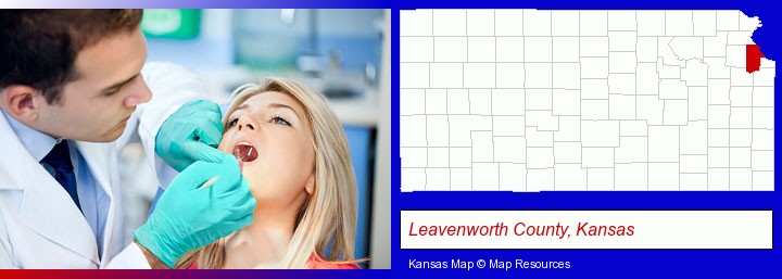 a dentist examining teeth; Leavenworth County, Kansas highlighted in red on a map