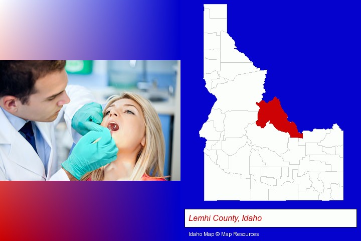 a dentist examining teeth; Lemhi County, Idaho highlighted in red on a map