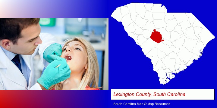 a dentist examining teeth; Lexington County, South Carolina highlighted in red on a map