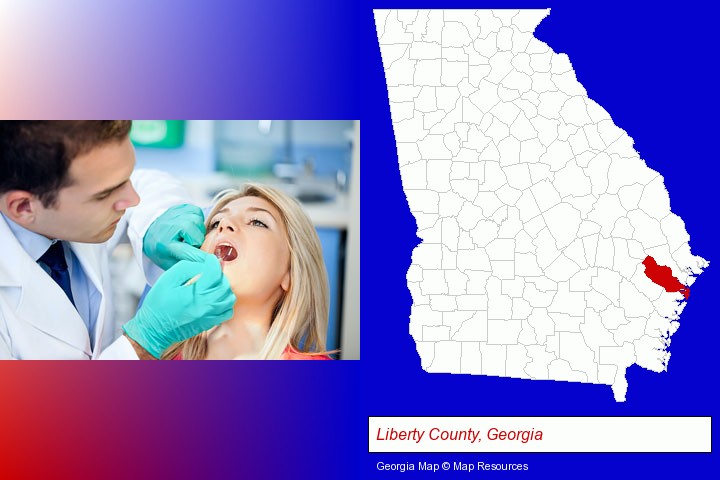 a dentist examining teeth; Liberty County, Georgia highlighted in red on a map