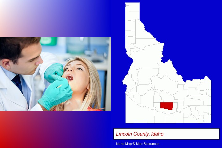 a dentist examining teeth; Lincoln County, Idaho highlighted in red on a map