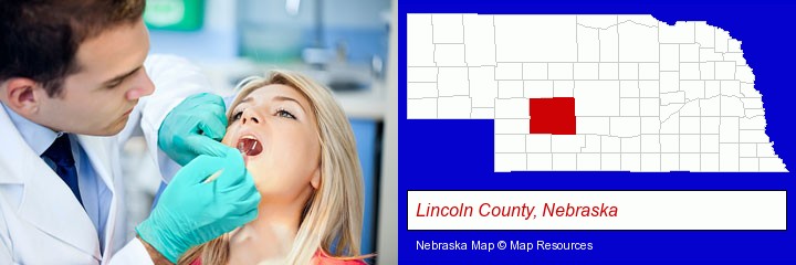 a dentist examining teeth; Lincoln County, Nebraska highlighted in red on a map
