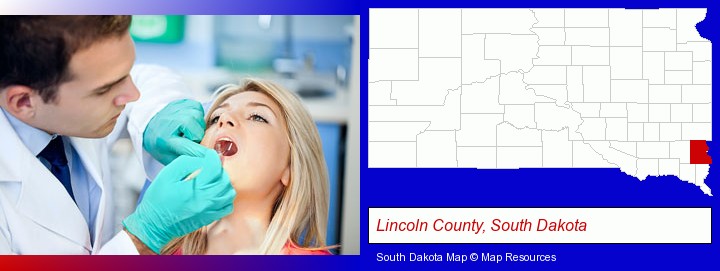 a dentist examining teeth; Lincoln County, South Dakota highlighted in red on a map
