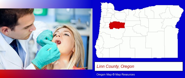 a dentist examining teeth; Linn County, Oregon highlighted in red on a map