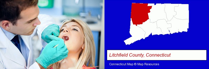a dentist examining teeth; Litchfield County, Connecticut highlighted in red on a map