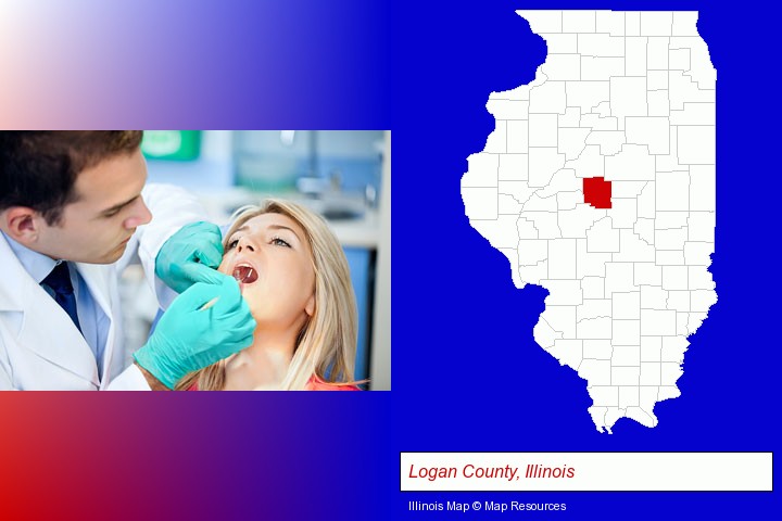 a dentist examining teeth; Logan County, Illinois highlighted in red on a map