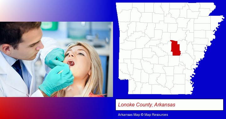 a dentist examining teeth; Lonoke County, Arkansas highlighted in red on a map