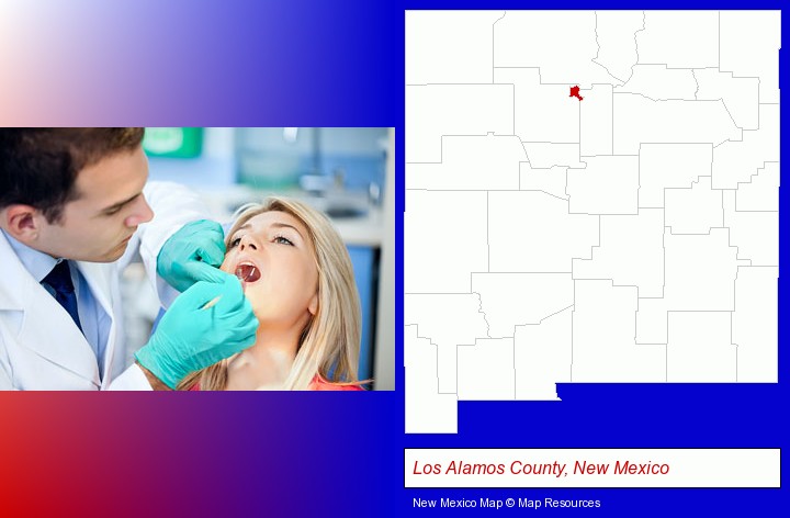 a dentist examining teeth; Los Alamos County, New Mexico highlighted in red on a map