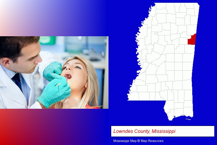 a dentist examining teeth; Lowndes County, Mississippi highlighted in red on a map