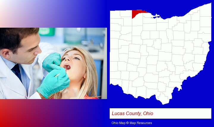 a dentist examining teeth; Lucas County, Ohio highlighted in red on a map