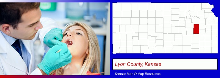 a dentist examining teeth; Lyon County, Kansas highlighted in red on a map