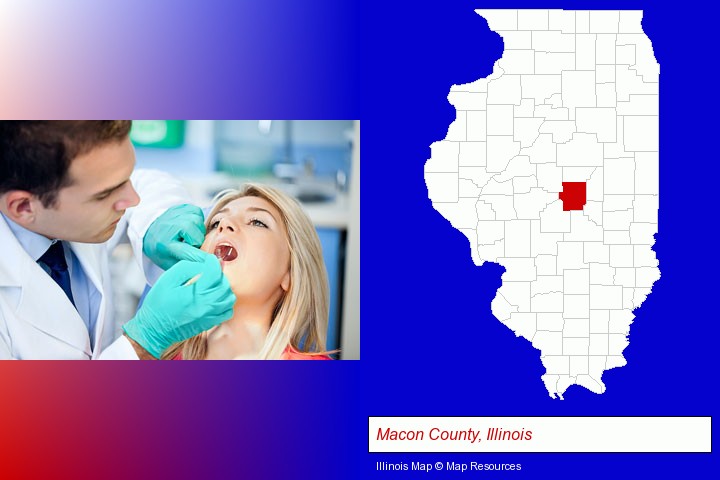 a dentist examining teeth; Macon County, Illinois highlighted in red on a map